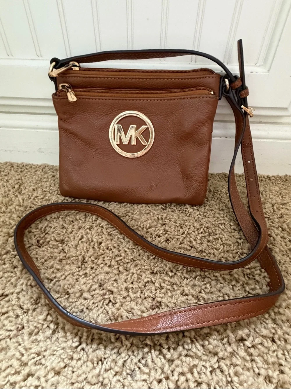Michael Kors Chestnut Brown Leather Crossbody with Gold MK Emblem